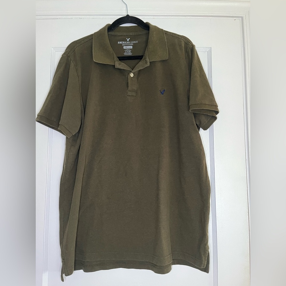 American Eagle Outfitters Olive Polo with Navy Logo Men's XL